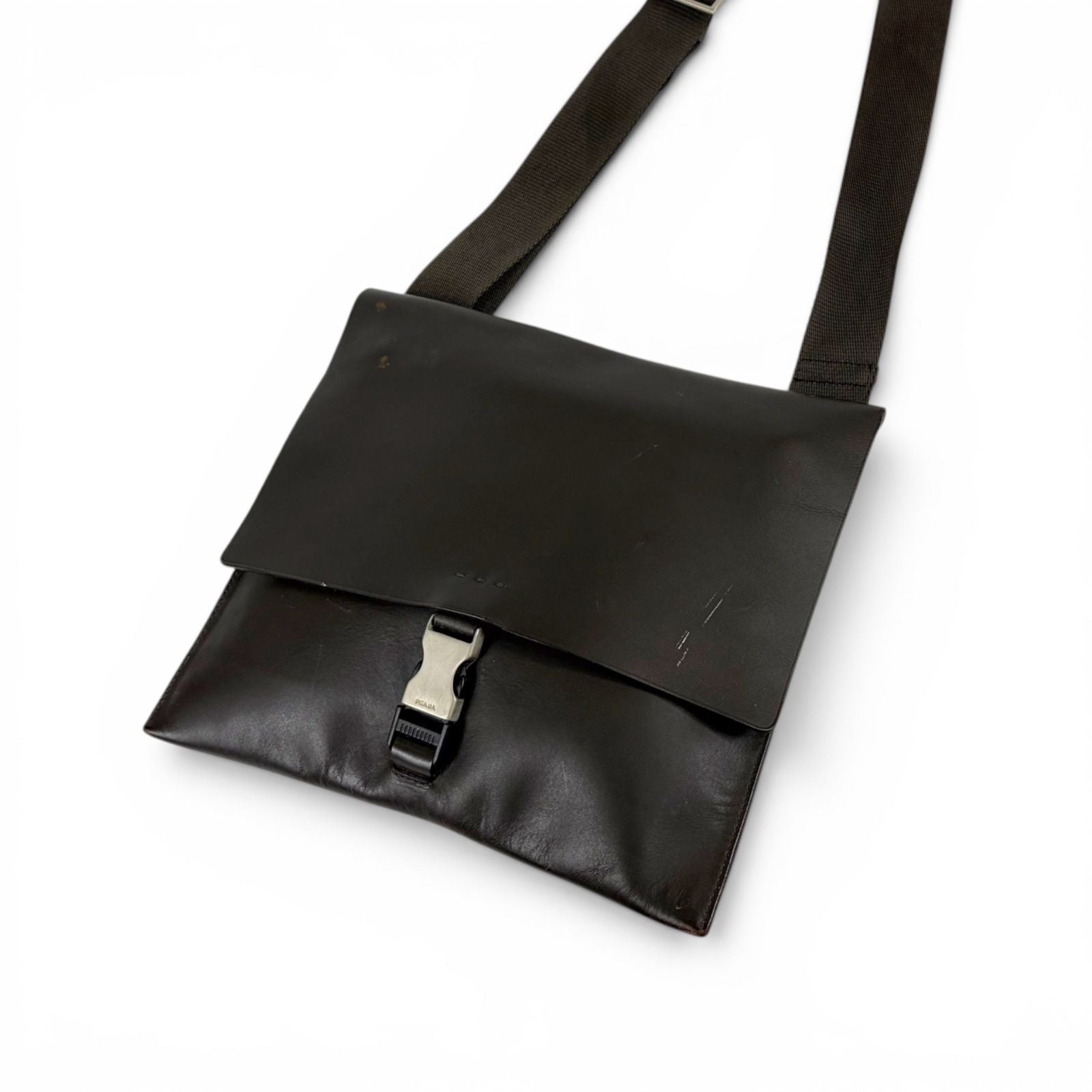 Prada Cobra Buckle Leather Shoulder Bag Cross Dark Brown Vintage