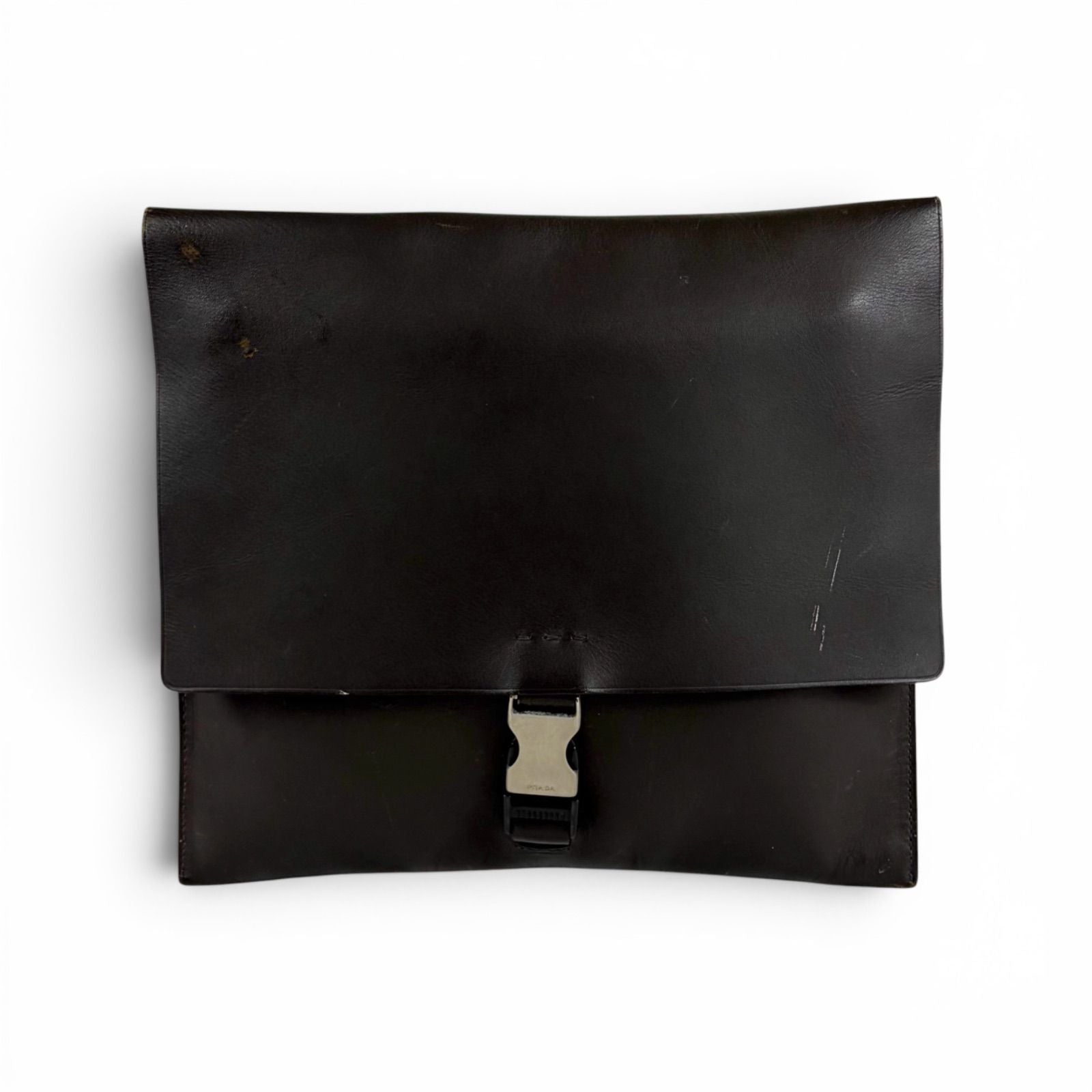 Prada Cobra Buckle Leather Shoulder Bag Cross Dark Brown Vintage