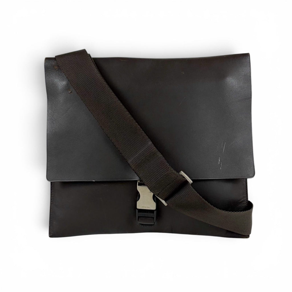 Prada Cobra Buckle Leather Shoulder Bag Cross Dark Brown Vintage