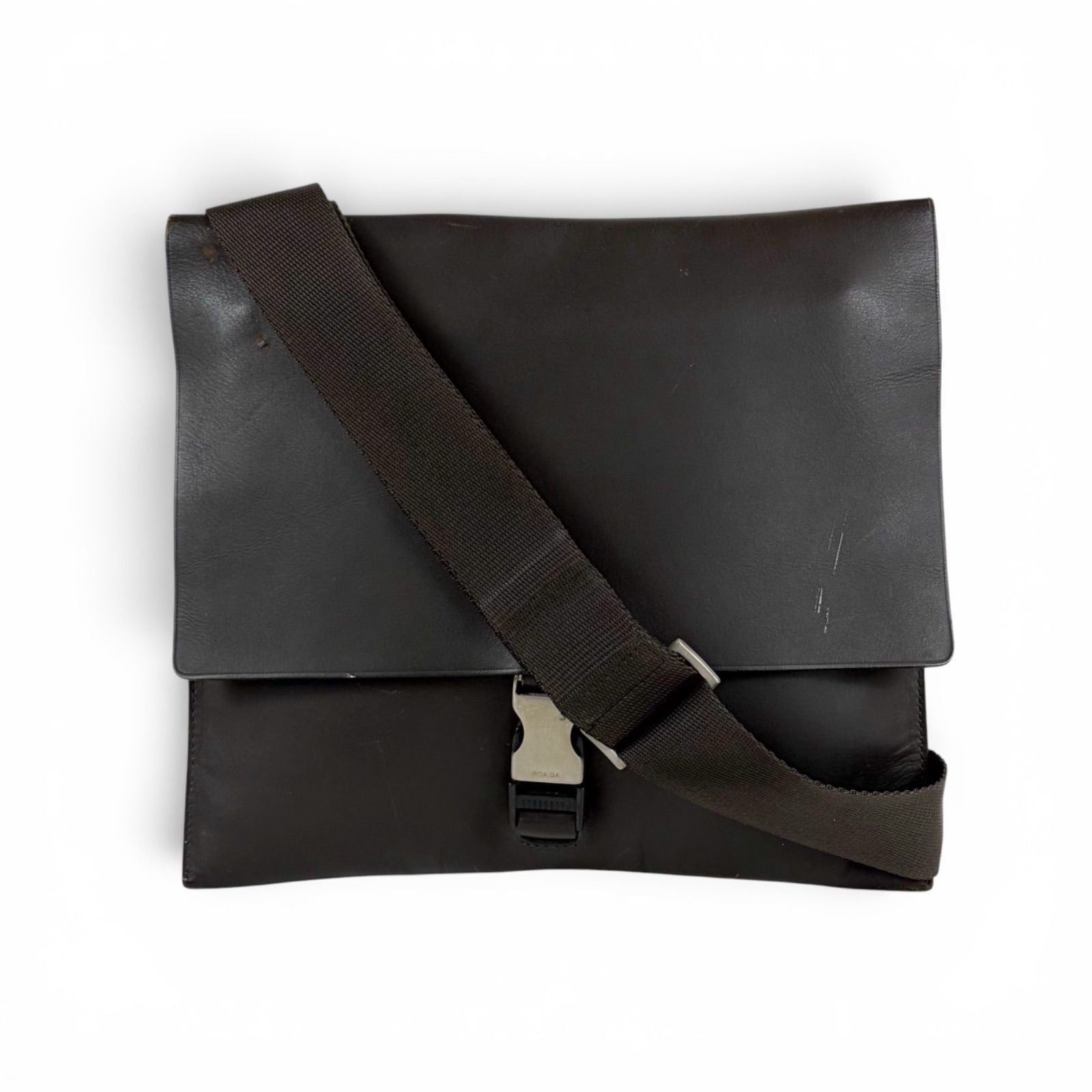 Prada Cobra Buckle Leather Shoulder Bag Cross Dark Brown Vintage