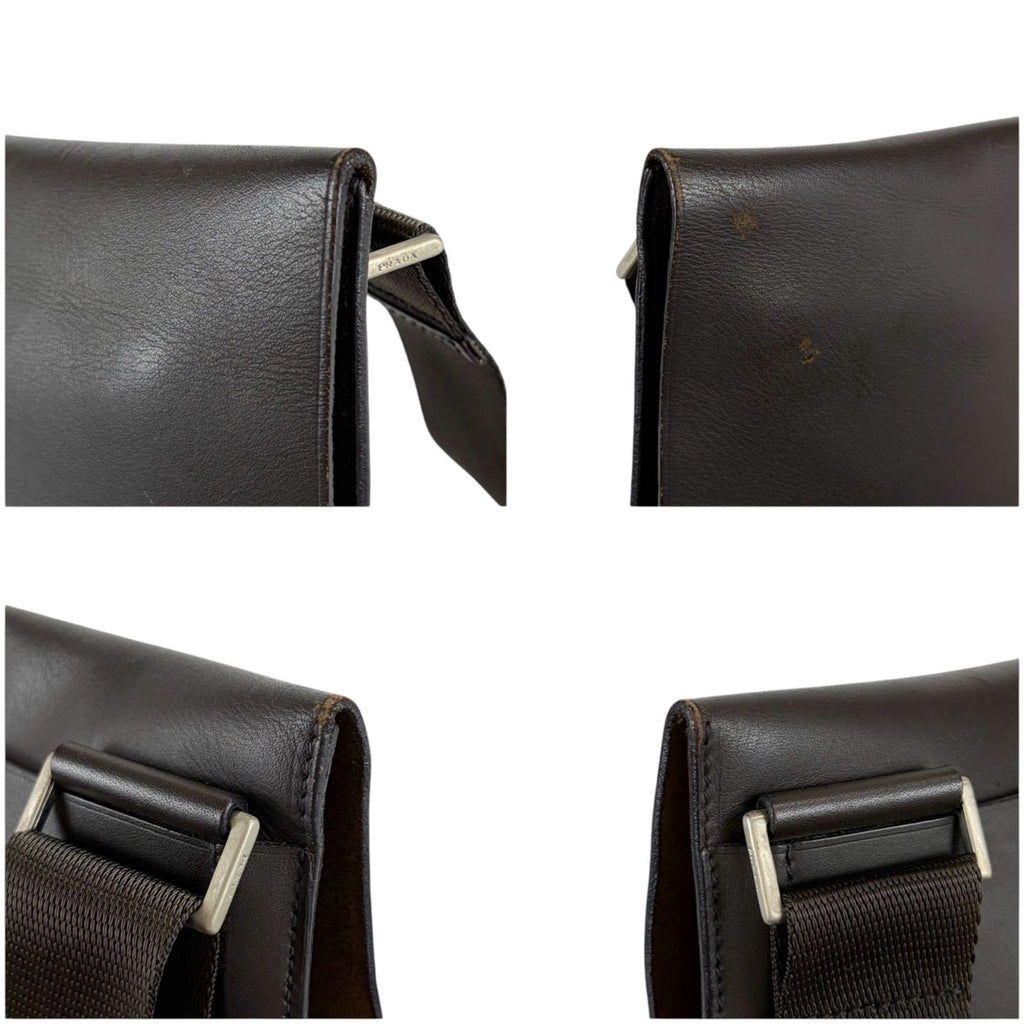 Prada Cobra Buckle Leather Shoulder Bag Cross Dark Brown Vintage