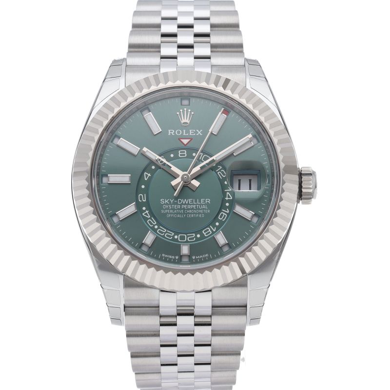 Rolex Sky Dweller Watch Jubilee Mint Green Box 18k White Gold SS — view 2