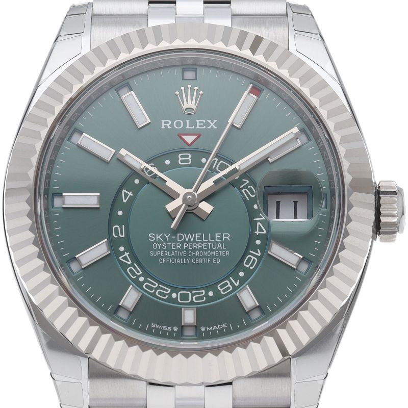 Rolex Sky Dweller Watch Jubilee Mint Green Box 18k White Gold SS