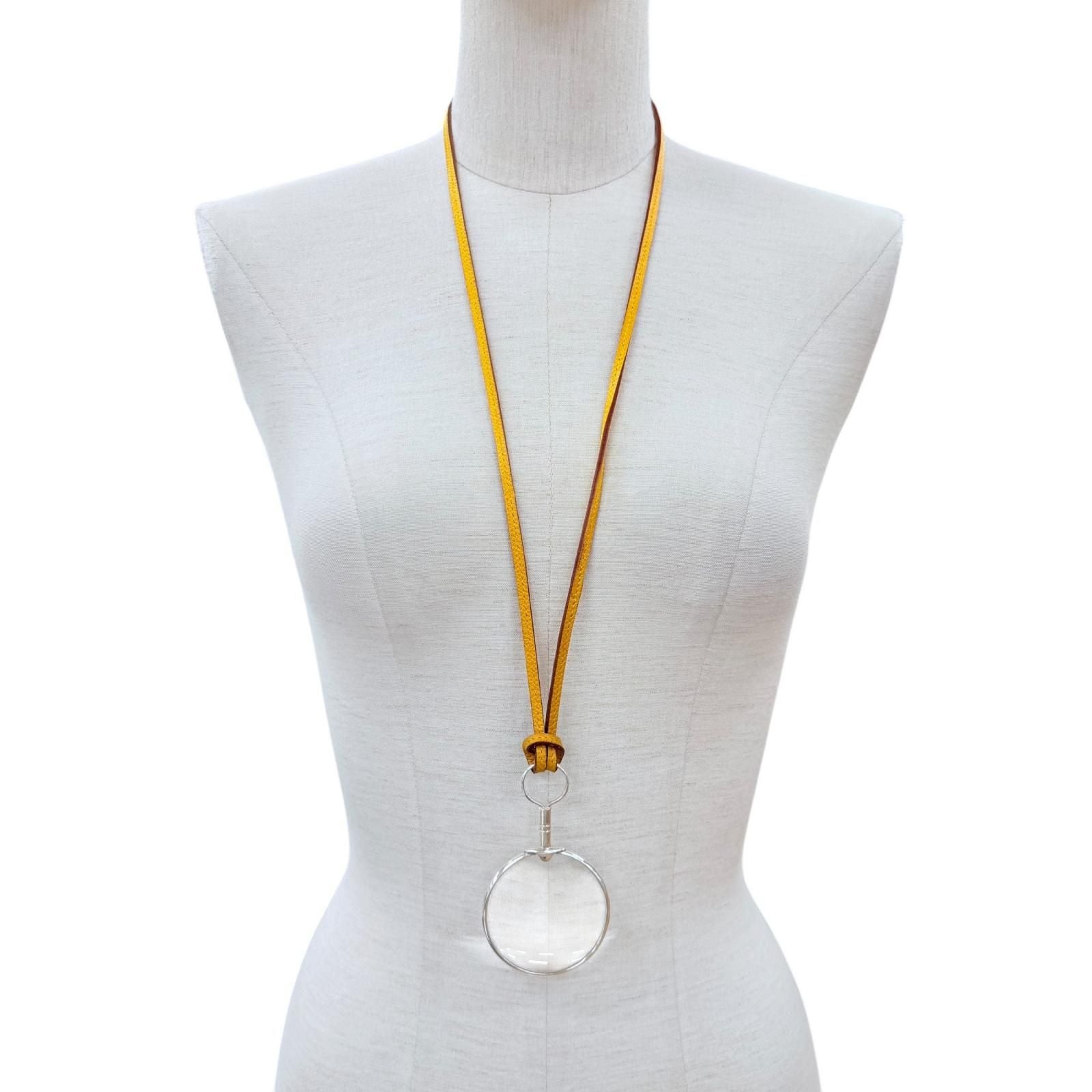 Hermes 925 Leather Strap Loupe Necklace Silver Yellow All Box — view 4