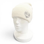 Chanel Cashmere CC Logo Heart Rhinestone Knit Cap White