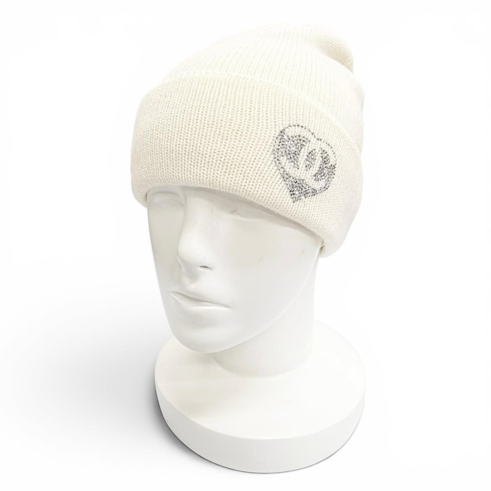Chanel Cashmere CC Logo Heart Rhinestone Knit Cap White