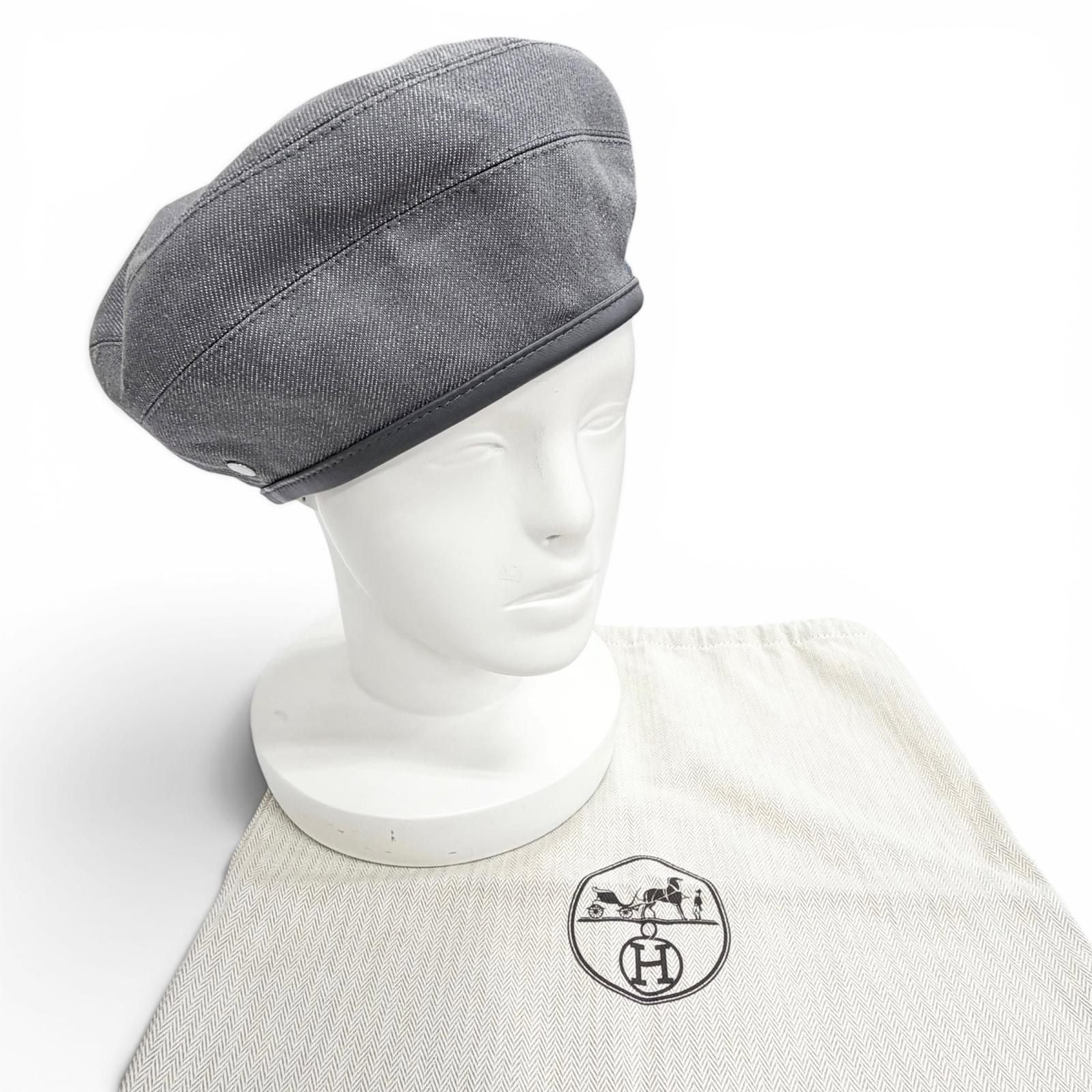 Hermes Saint Honore Cotton 100% Series Button Leather Piping Beret Gray 57 — view 2