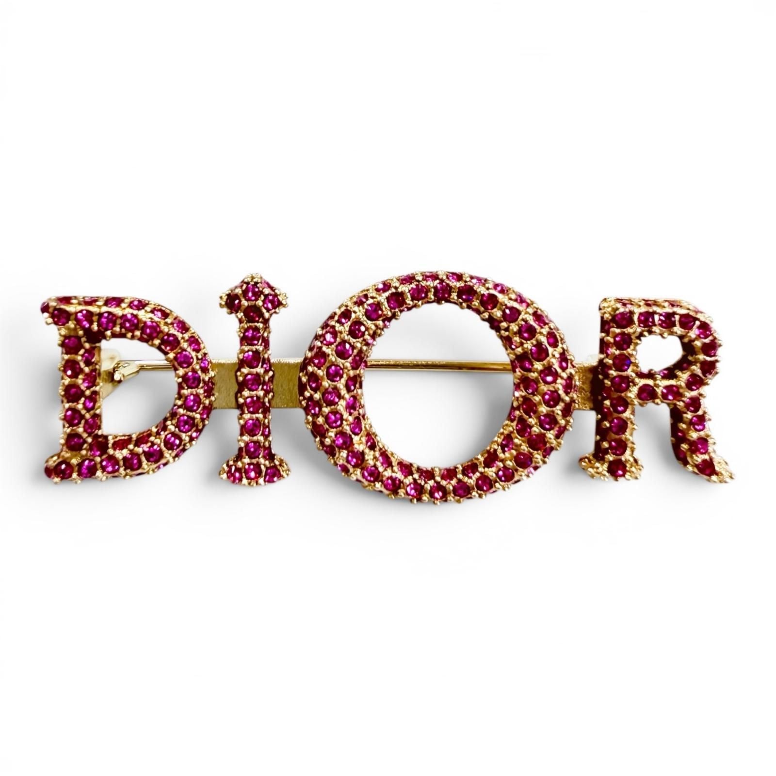 Dior Logo Rhinestone Brooch Pink Gold