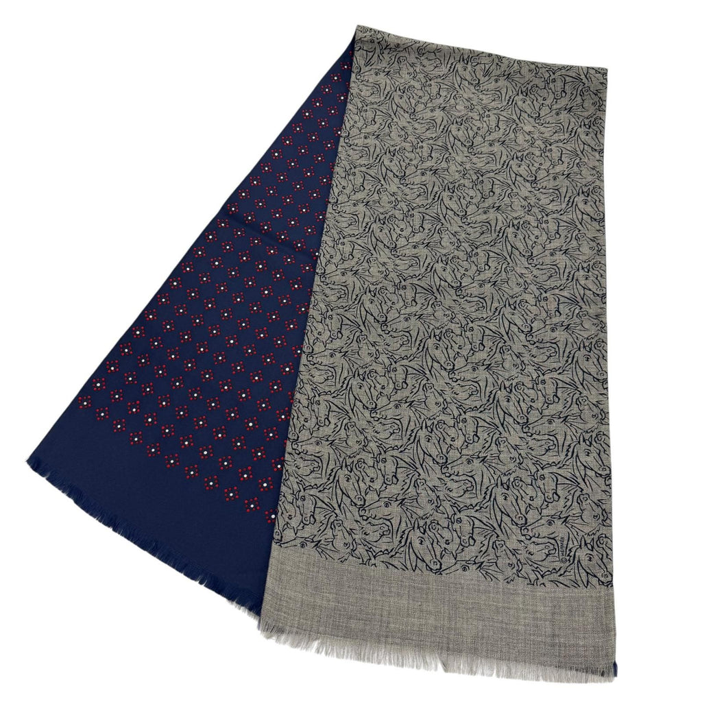Hermes Cashmere Silk Tisse Reversible Hose Mix Fringe Scarf Gray Navy — view 3