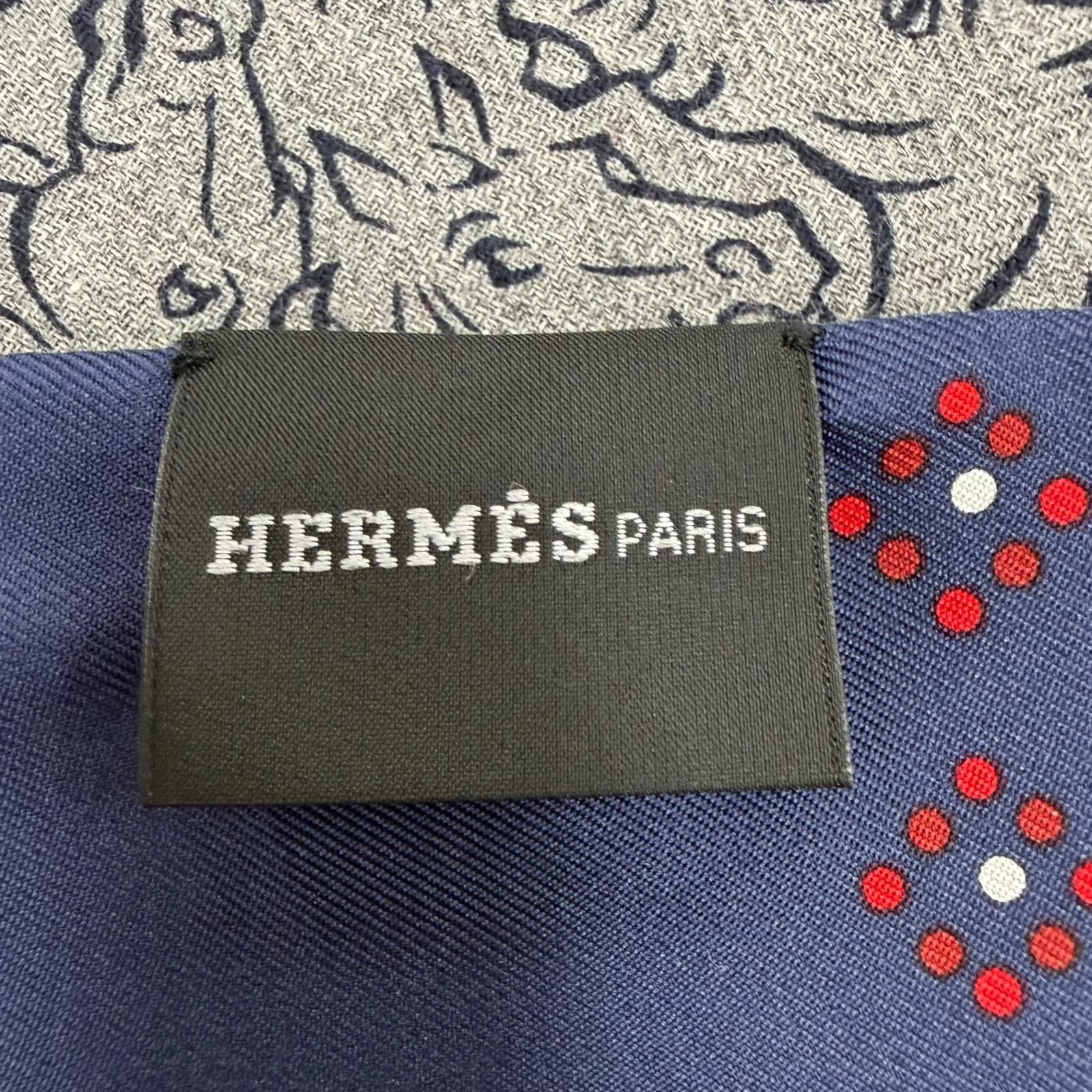 Hermes Cashmere Silk Tisse Reversible Hose Mix Fringe Scarf Gray Navy — view 6
