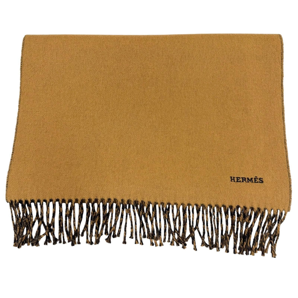 Hermes Rectoverso Cashmere Logo Embroidery Bicolor Reversible Fringe Scarf