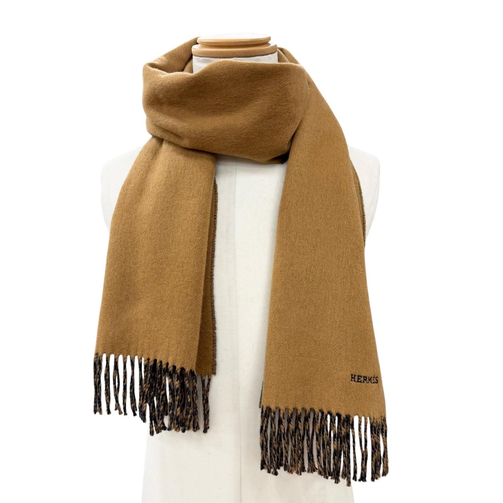 Hermes Rectoverso Cashmere Logo Embroidery Bicolor Reversible Fringe Scarf — view 2