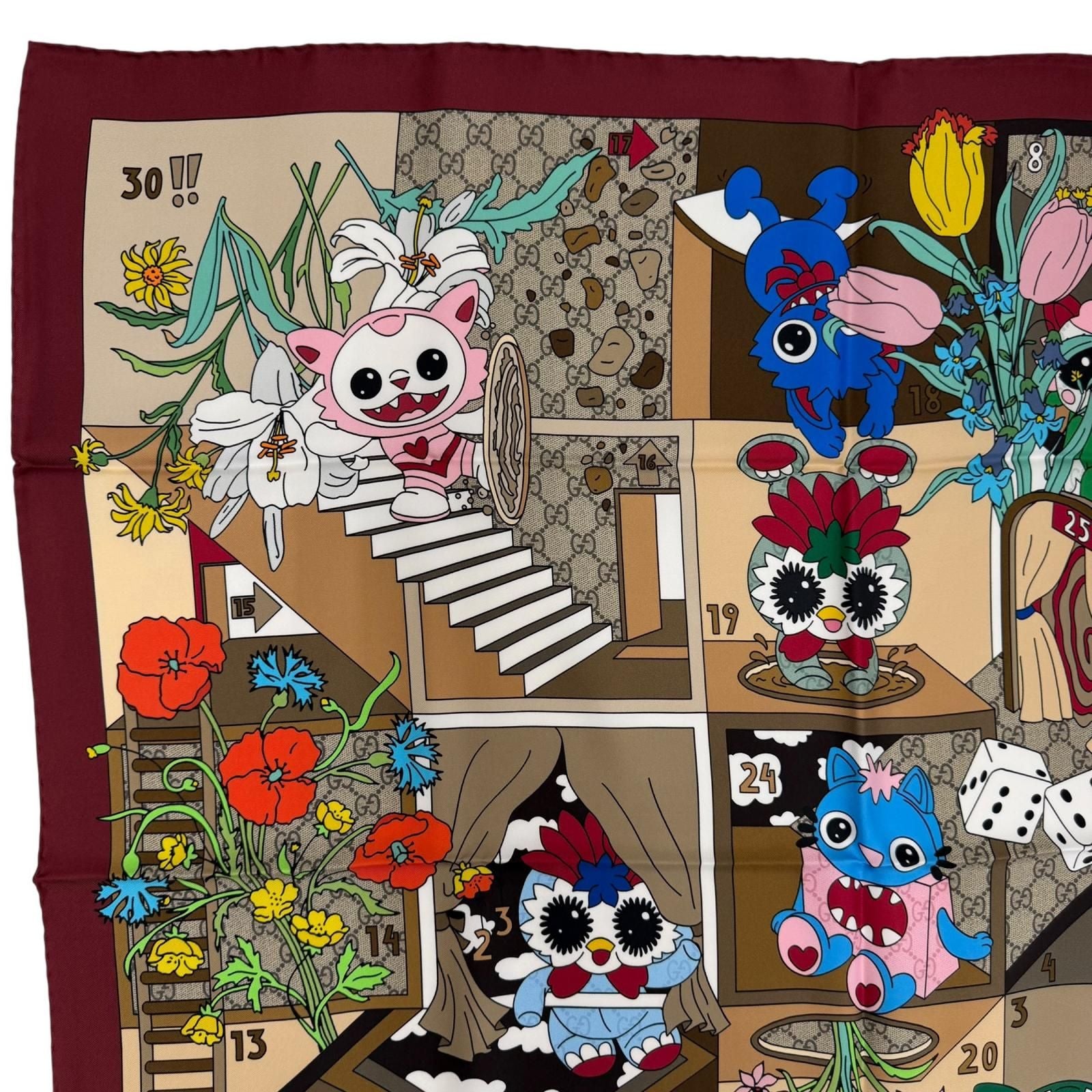 Gucci Besties Print Silk Twill Scarf 100% Bordeaux 90 — view 3