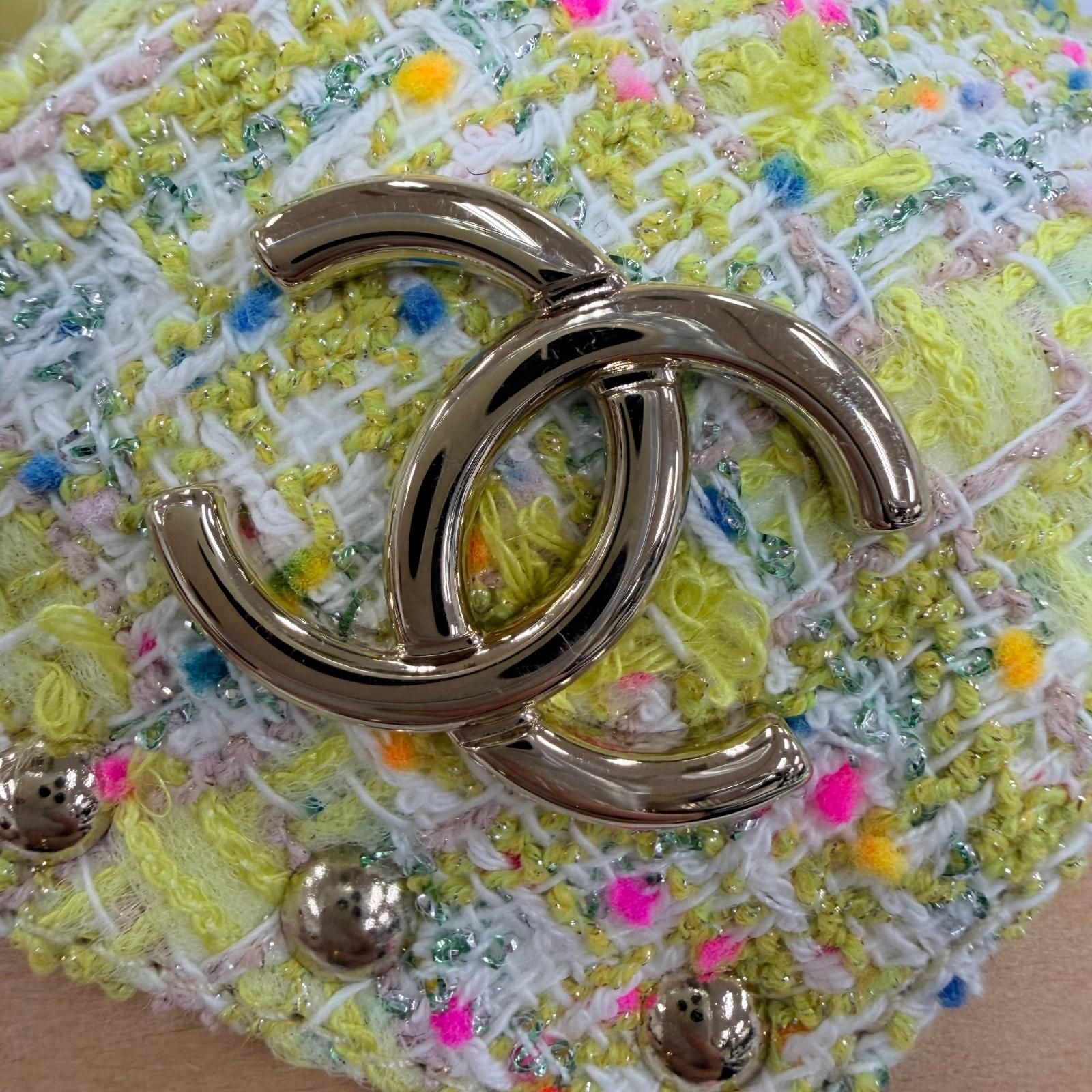 Chanel CC Logo Backstrap Tweed Wedge Sole Sandals Yellow — view 9