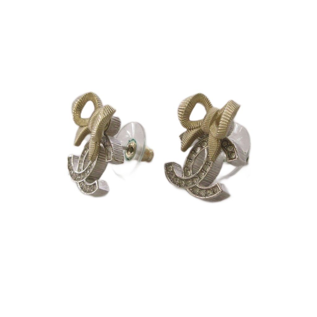 Chanel 24k CC Logo Ribbon Earrings Silver Color Gold KH — view 2