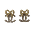 Chanel 24k CC Logo Ribbon Earrings Silver Color Gold KH