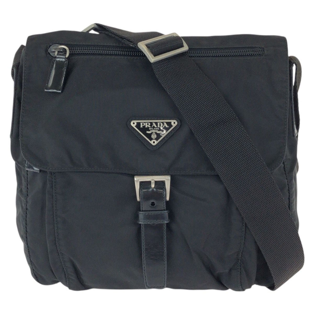 Prada Tessuto Black Silver Nylon Leather Shoulder