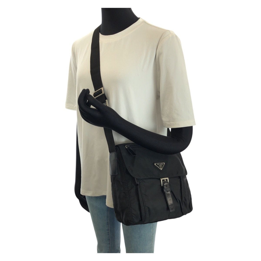 Prada Tessuto Black Silver Nylon Leather Shoulder — view 7