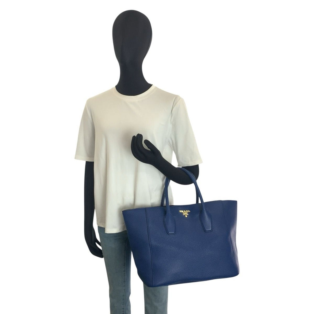 Prada Vitello Daino Blue Gold Leather Tote — view 6