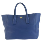 Prada Vitello Daino Blue Gold Leather Tote