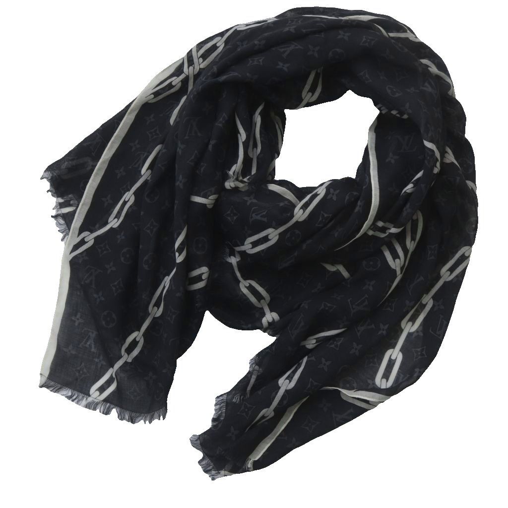 Louis Vuitton Shawl Large Monogram Etole Chain Fringe Black Scarf