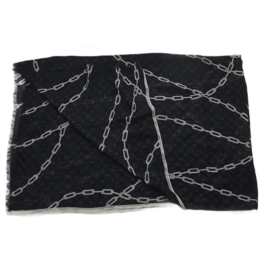 Louis Vuitton Shawl Large Monogram Etole Chain Fringe Black Scarf — view 4