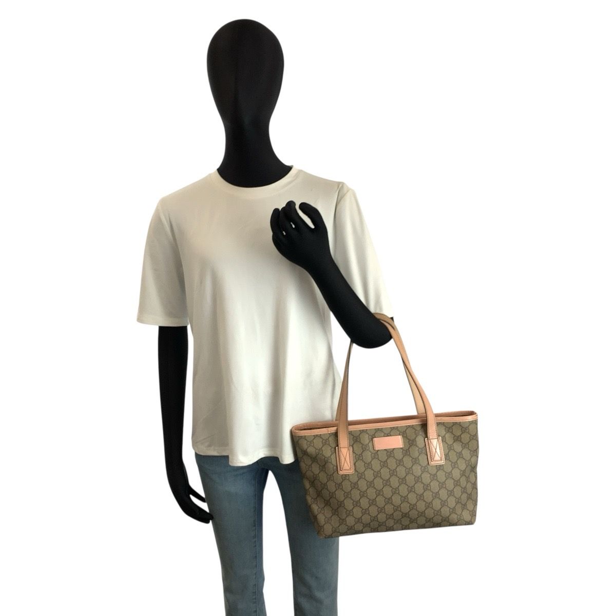 Gucci Pink Beige GG Supreme Canvas Leather Tote — view 7