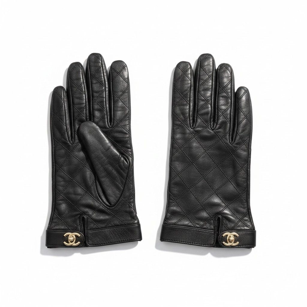 Chanel G1 Quilted Leather Gloves Turnlock CC Logo 8 Black Lambskin
