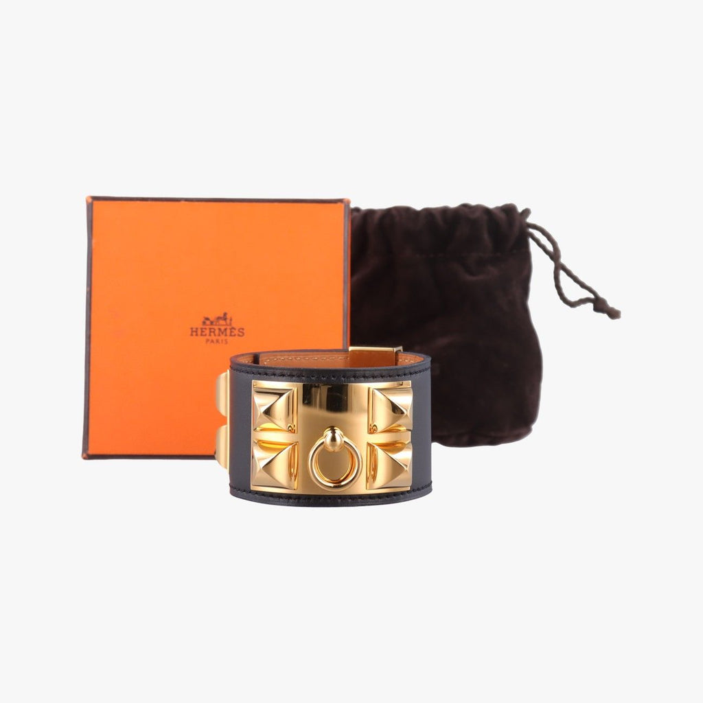 Hermes Collier de Chien Black Gold Leather Bracelet — view 4
