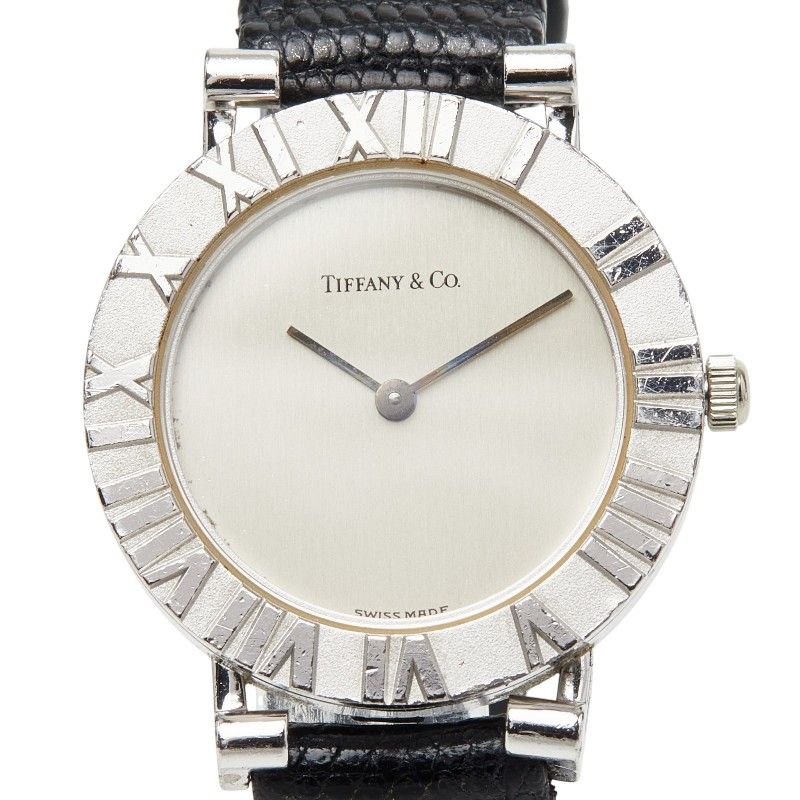 Tiffany & Co Atlas Watch Silver Black Leather