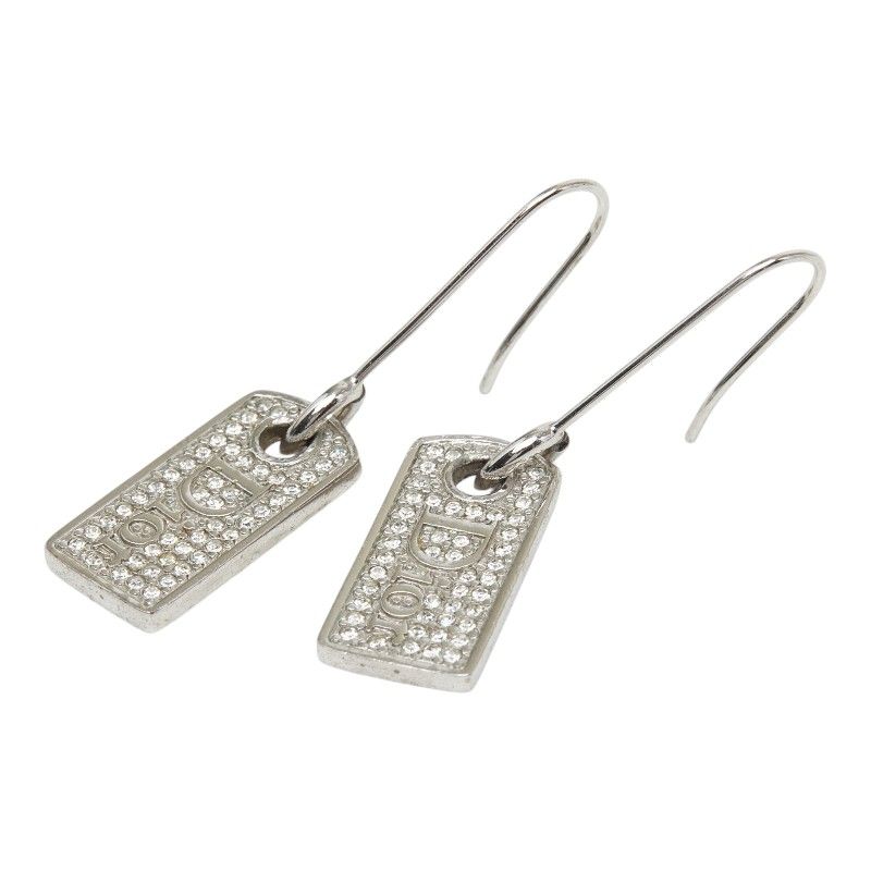 Dior Logo Plate Swing Earrings Silver Metal Rhinestone