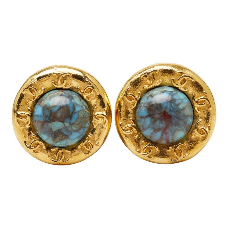 Chanel CC Logo Vintage Round Earrings Gold Blue Plated Turquoise — view 2