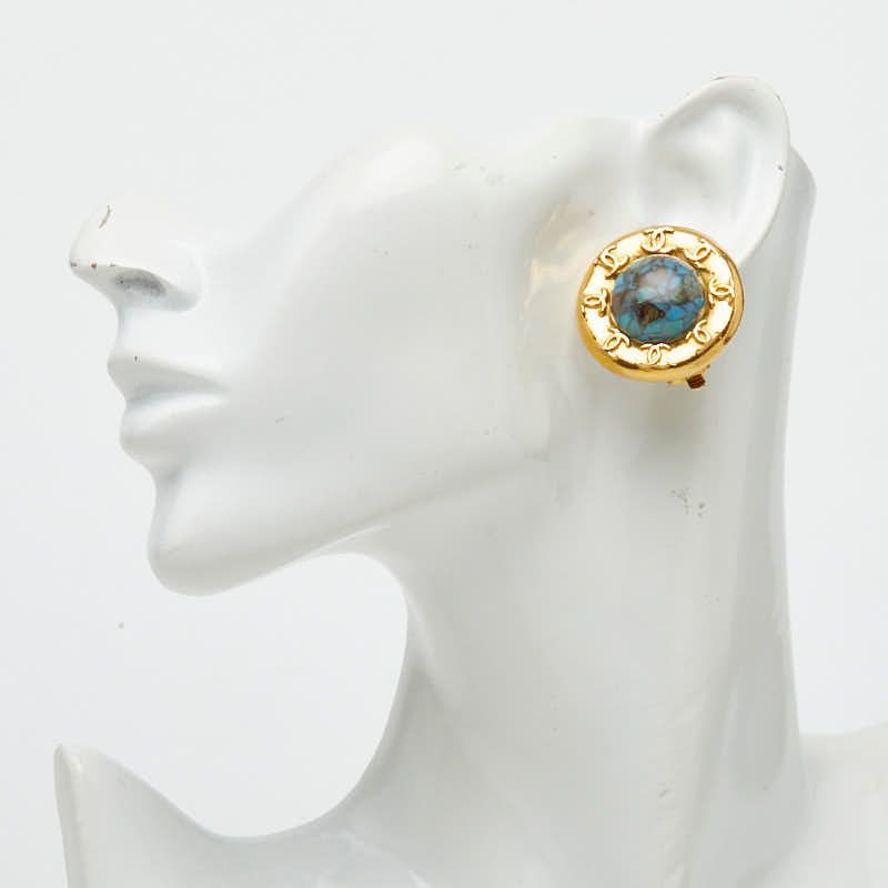 Chanel CC Logo Vintage Round Earrings Gold Blue Plated Turquoise — view 5