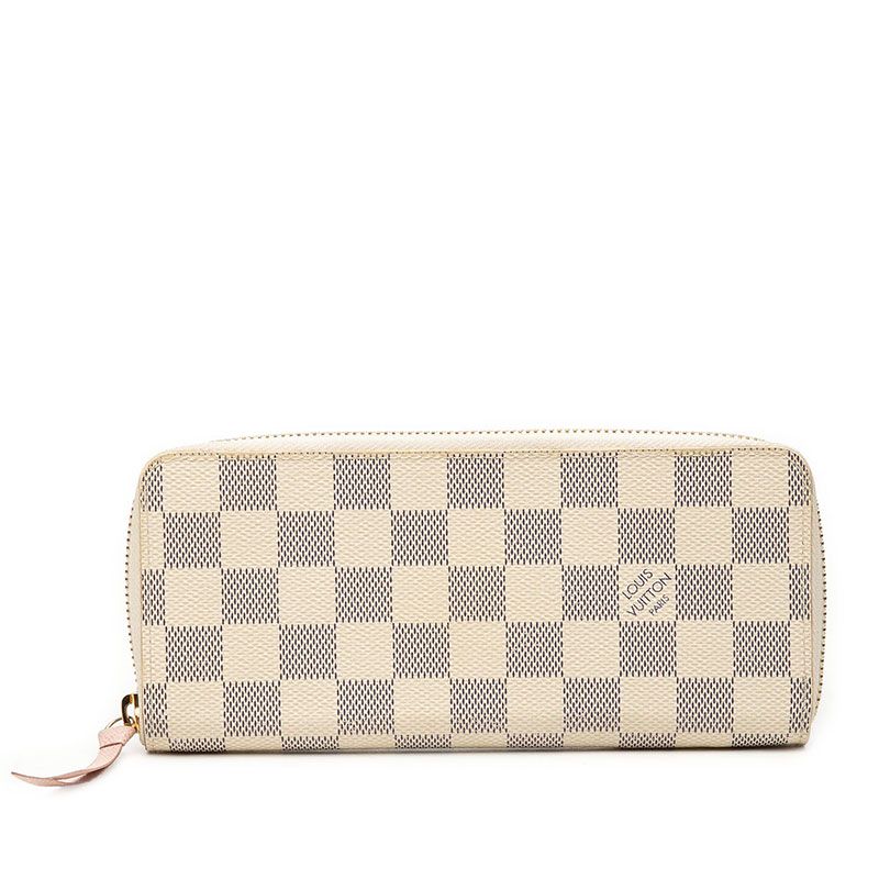 Louis Vuitton Damier Azur Portefeuille Clemence Zip Around Wallet White Rose