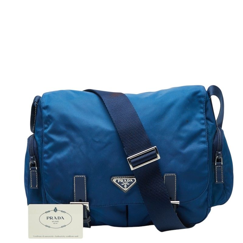 Prada Tessuto Crossbody Shoulder Bag Messenger Blue Nylon Leather