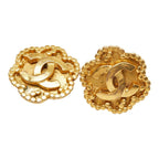 Chanel CC Logo Flower Motif Vintage Earrings Gold Plated