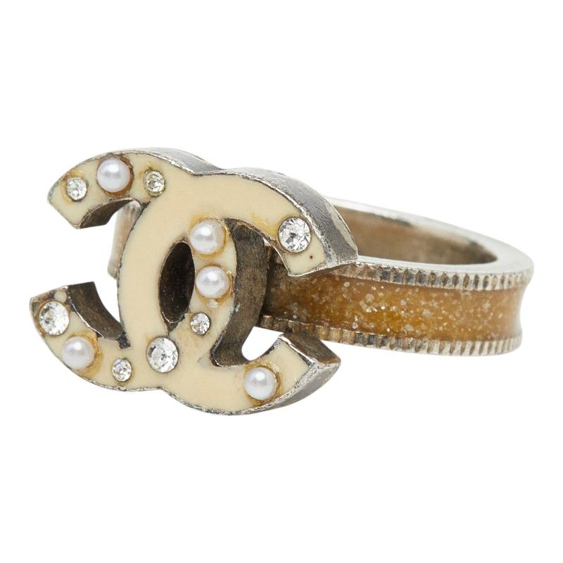 Chanel CC Logo Ring Silver White Faux Pearl Rhinestone Metal — view 2