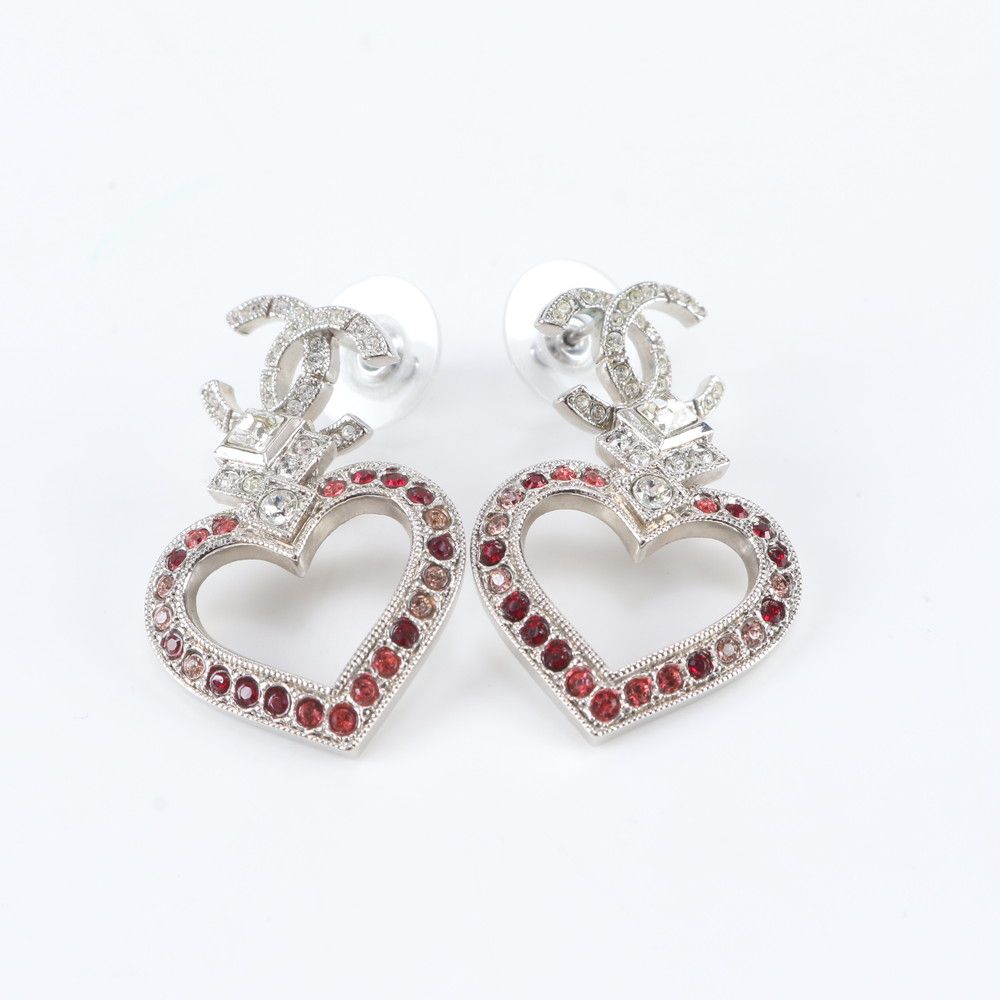 Chanel CC Logo Heart Earrings Silver Rhinestone — view 2