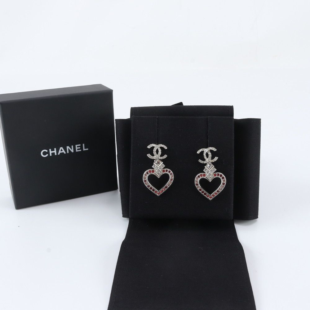 Chanel CC Logo Heart Earrings Silver Rhinestone