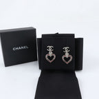 Chanel CC Logo Heart Earrings Silver Rhinestone