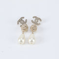 Chanel 20 a CC Logo Faux Pearl Swing Earrings Gold Rhinestone