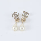Chanel 20 a CC Logo Faux Pearl Swing Earrings Gold Rhinestone