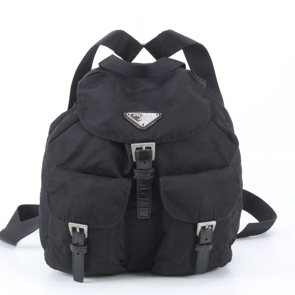 Prada Tessuto Nylon Triangle Logo Leather Backpack Black