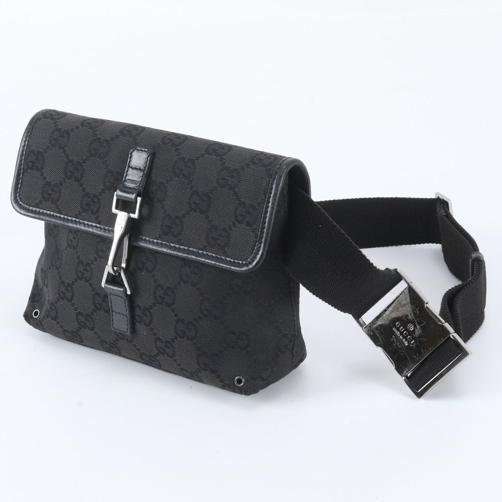 Gucci GG Canvas Leather 2-Way Belt Bag Crossbody Waist Pouch Shoulder Black