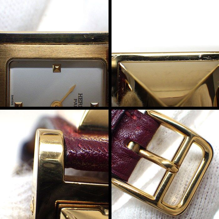 Hermes Watch Medallion Studs Square White Dial Red Leather Quartz Analog — view 9