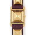 Hermes Watch Medallion Studs Square White Dial Red Leather Quartz Analog