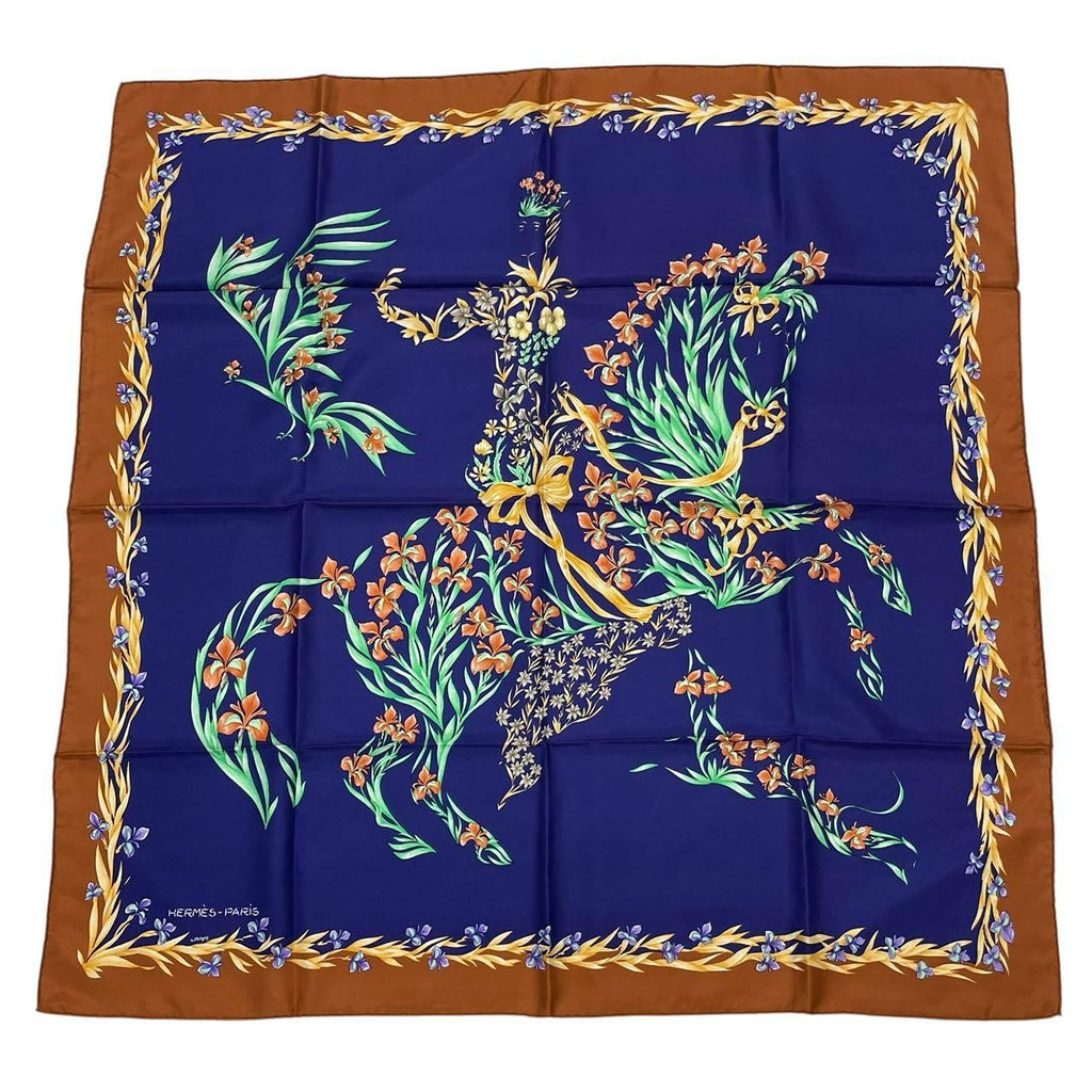 Hermes Scarf Silk Carre 90 Cheval Fleuri Flower Blooming Horse Blue
