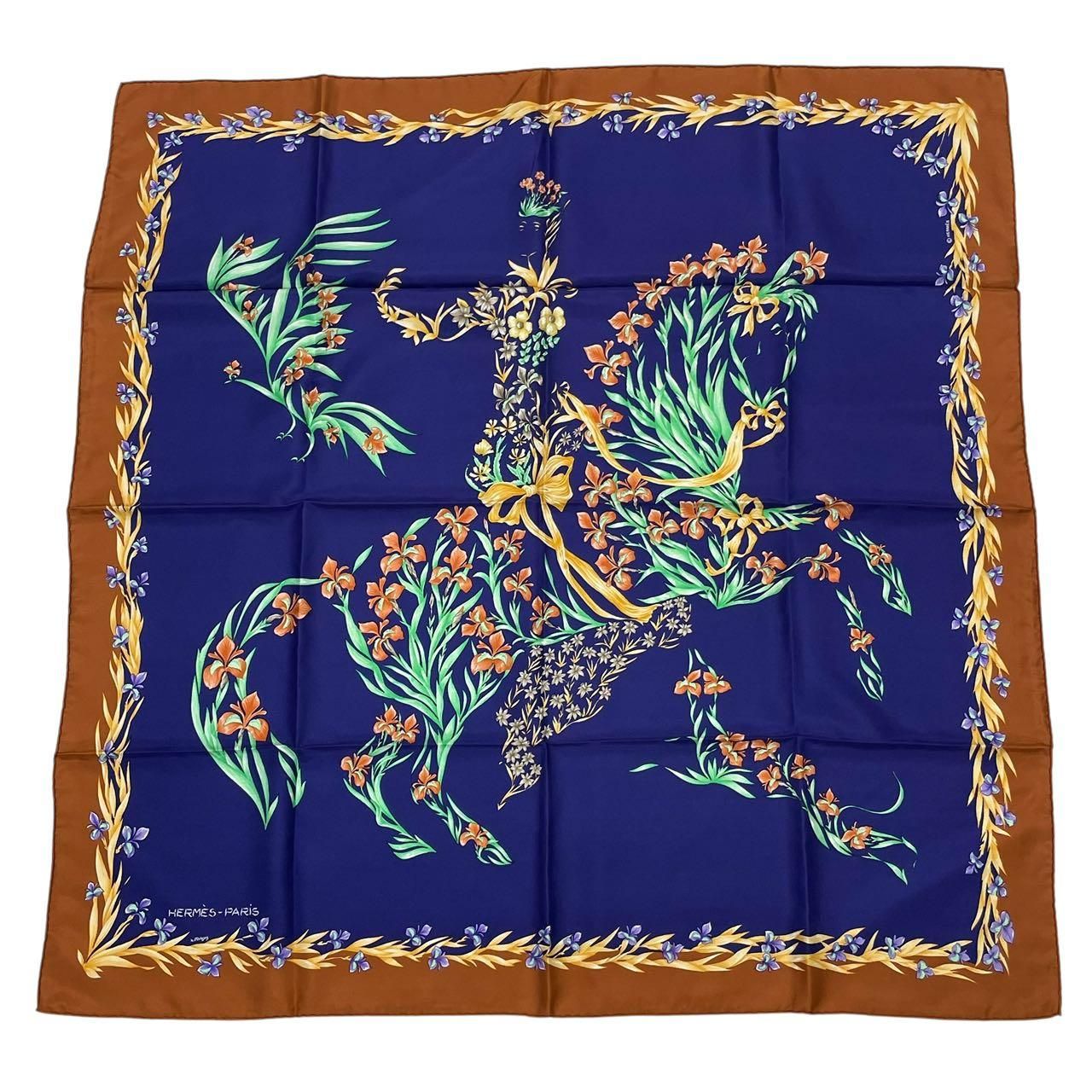 Hermes Scarf Silk Carre 90 Cheval Fleuri Flower Blooming Horse Blue