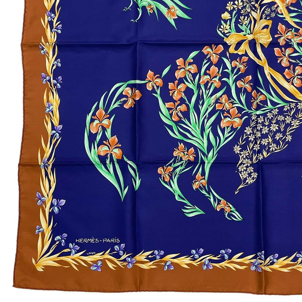 Hermes Scarf Silk Carre 90 Cheval Fleuri Flower Blooming Horse Blue — view 4