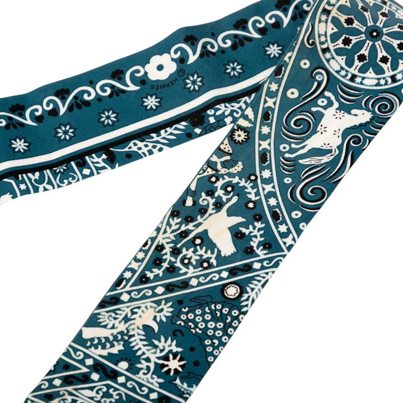 Hermes Twilly Peuple du Vent People of the Wind Scarf Blue Black White Silk — view 2